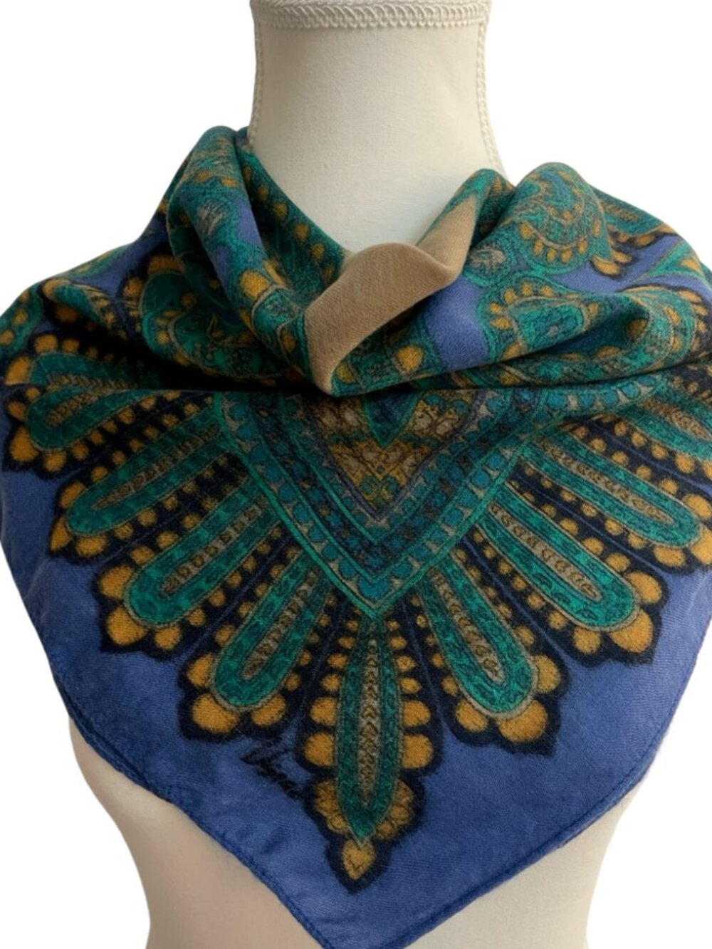 Vera Vintage Paisley Square Scarf | Dusty Blue, Emerald Green & Gold | 27" x 27"